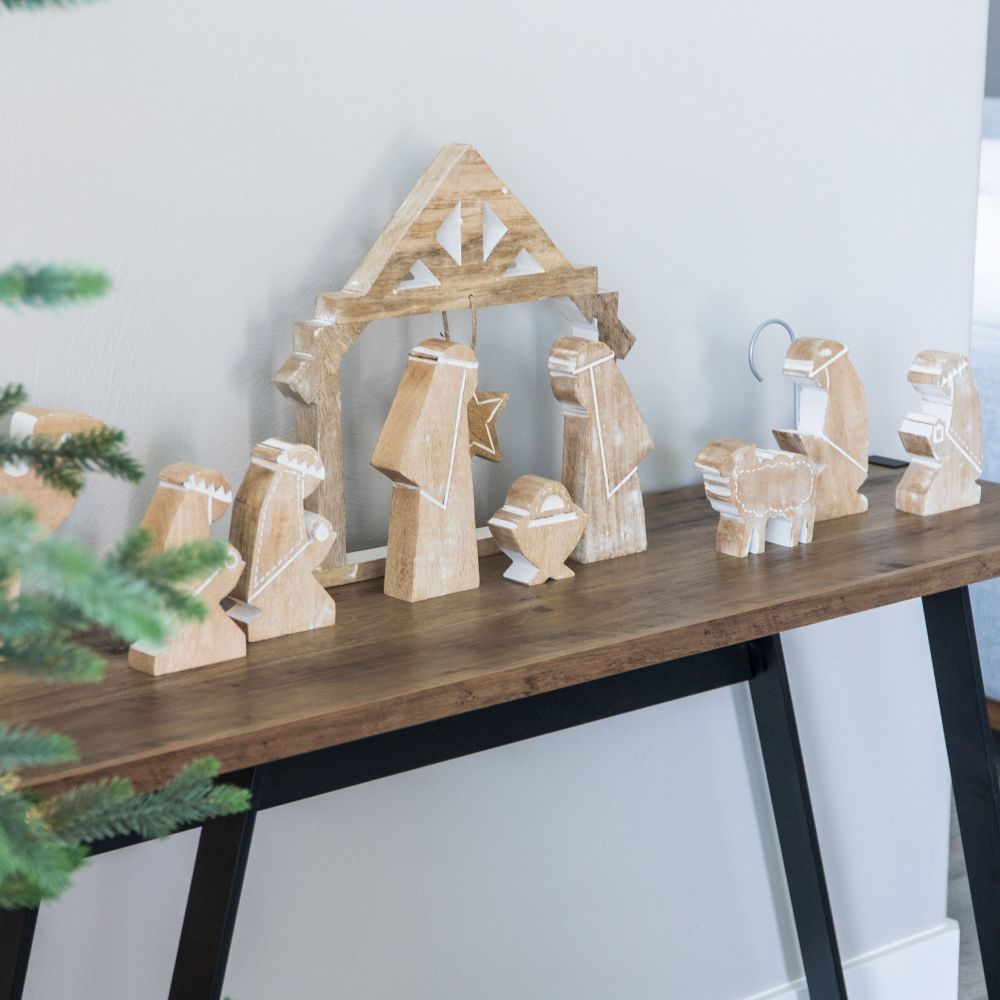 Mango Wood Nativity Cutout Set - Natural and White (Set of 10)