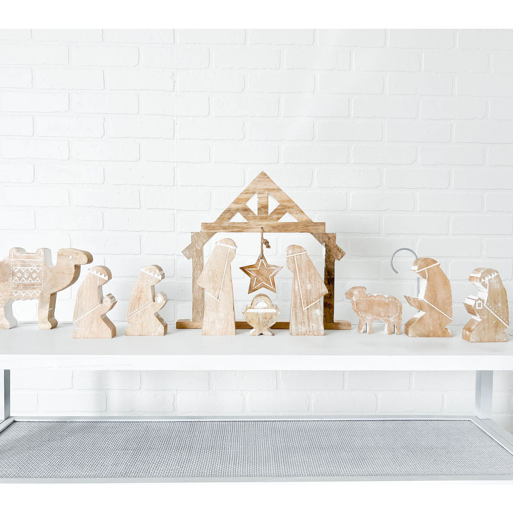 Mango Wood Nativity Cutout Set - Natural and White (Set of 10)