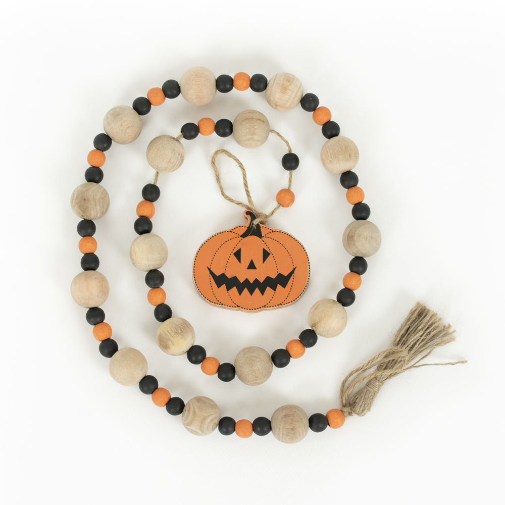 35" X 3" X 1" Wood Bead Garland With Tassels (Pumpkin) Orange/Black/Natural