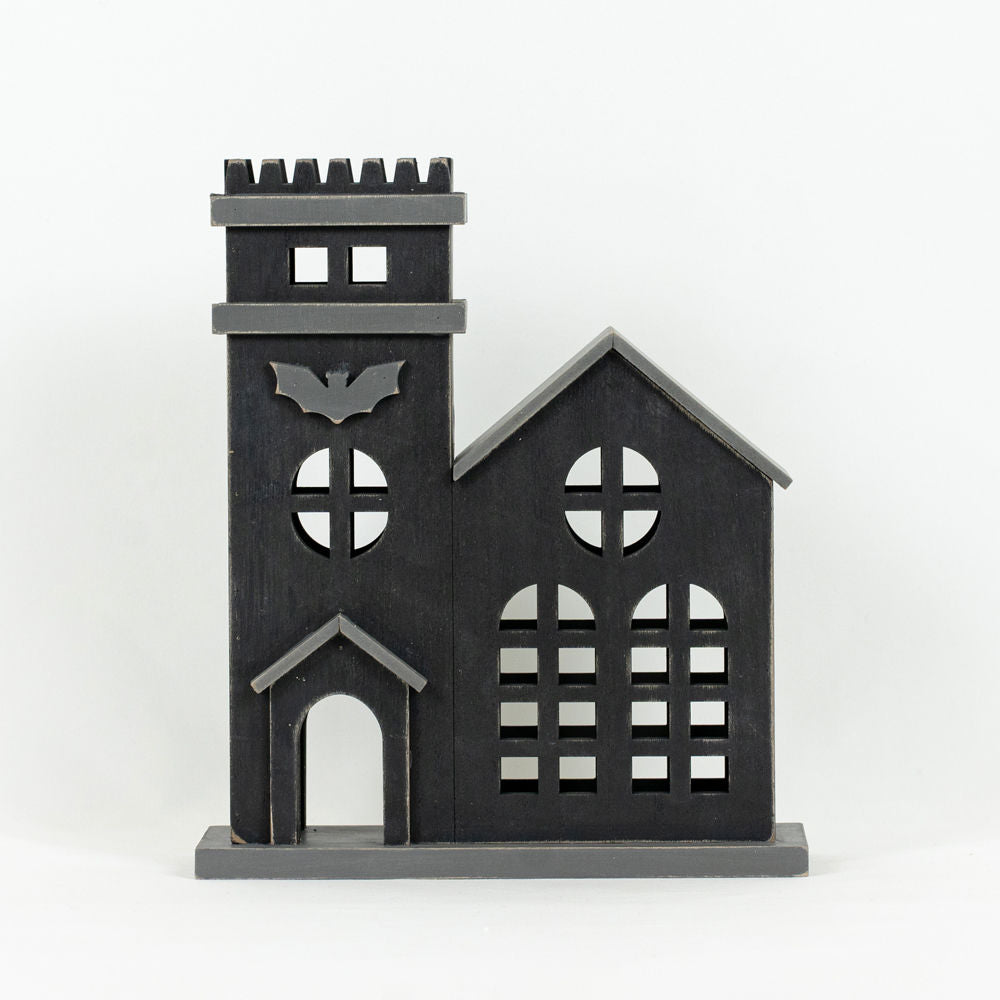 9.5" X 10.25" X 4" Wood Building (Haunted House) Black/Gray
