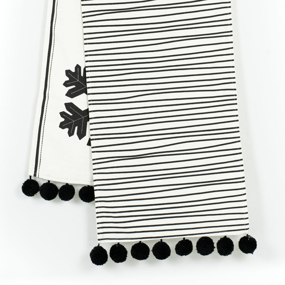 74" x 14" Reversible Linen Table Runner - Stripe/Snowflake | White and Black
