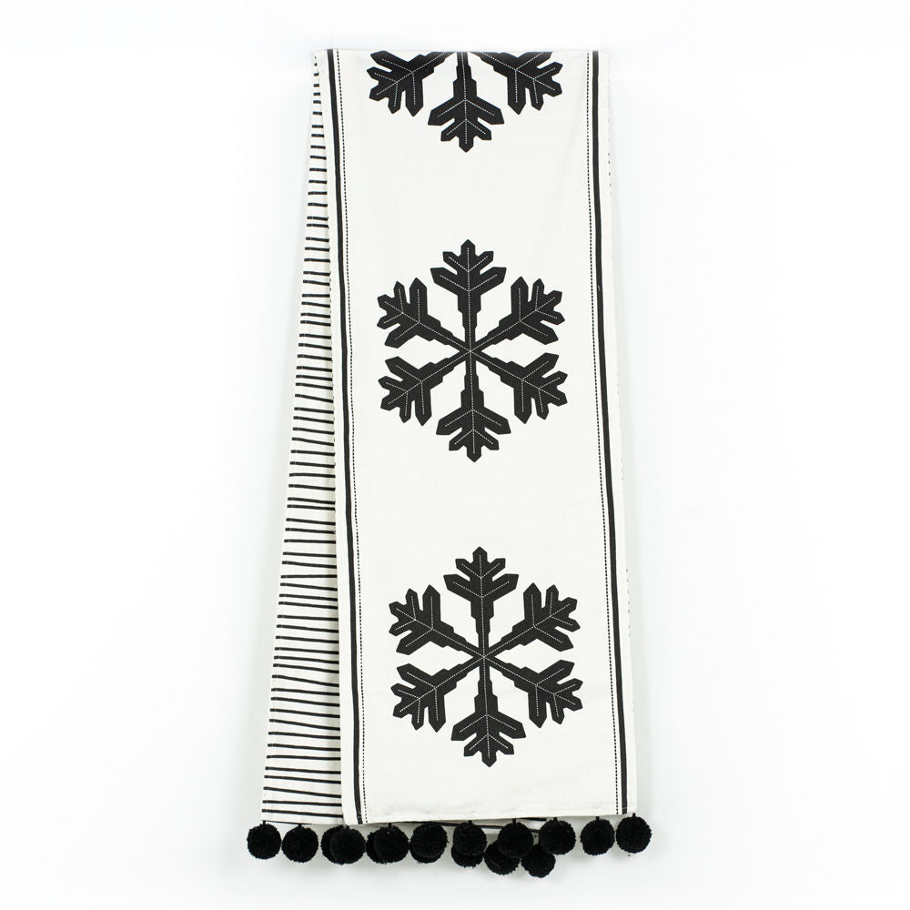 74" X 14" Linen Reversible Table Runner (Stripe/Snowflakes) White/Black