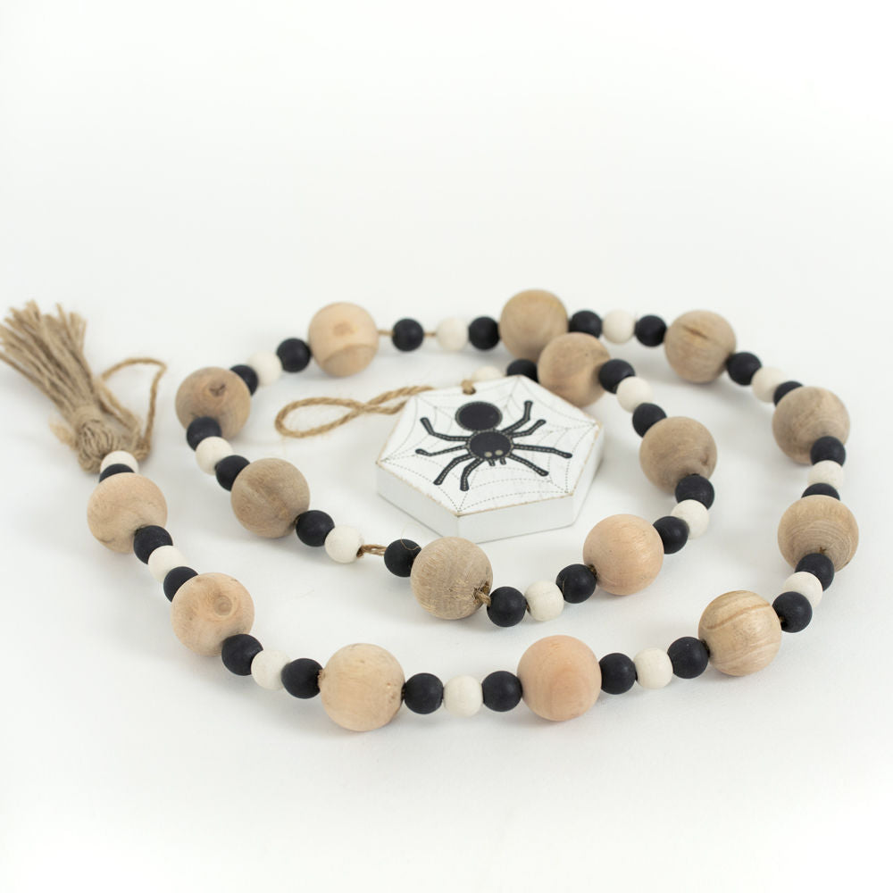 35" Reversible Wood Bead Garland with Tassels - Spider and Snowflake | Natural