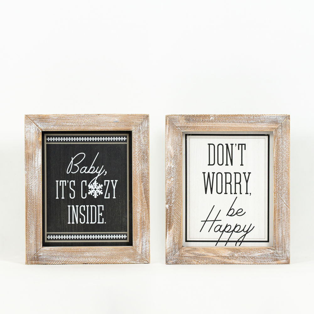 10" X 12" X 2" Reversible Wood Framed Sign (Cozy/Worry) Black/White/Gray