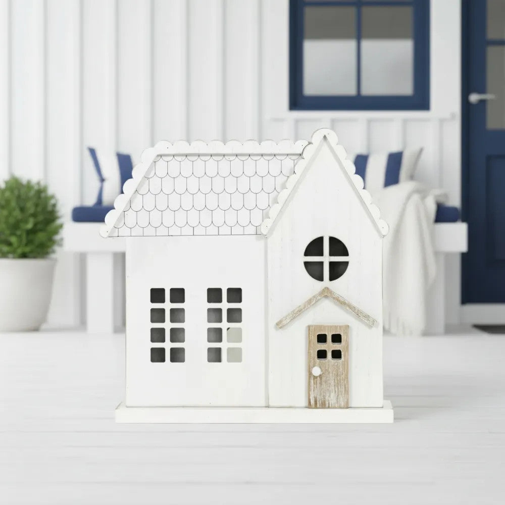 13" x 12" Wood Cutout - House | White and Natural | Merry and Bright
