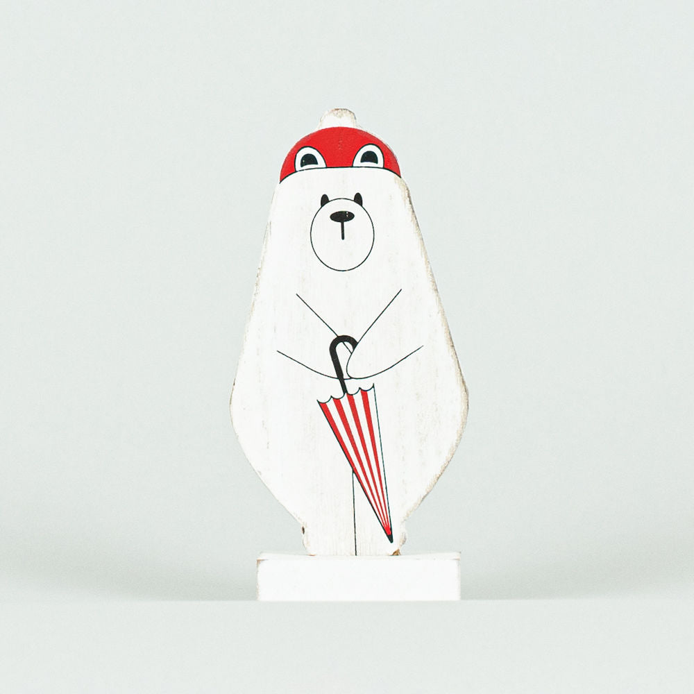 5" Wood Cutout on Base - Polar Bear | White, Red and Black