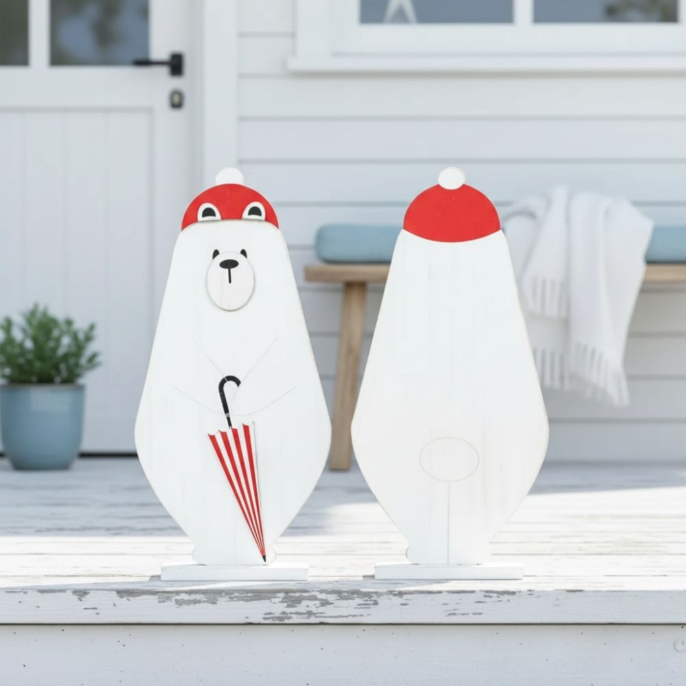 17" Wood Cutout on Stand - Polar Bear | Red, White and Black