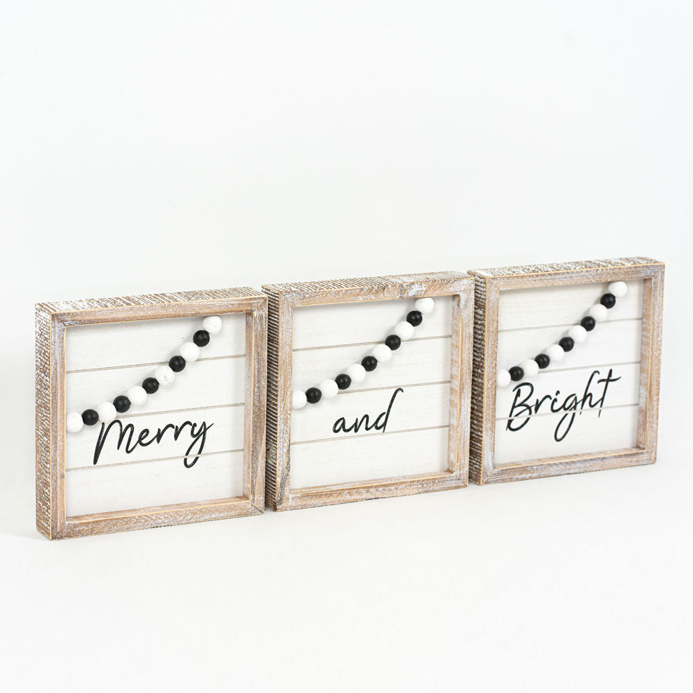 8" Reversible Wood Frame Beaded Shiplap Sign Set - Merry/Home | Cottage Christmas Collection (Set of 3)