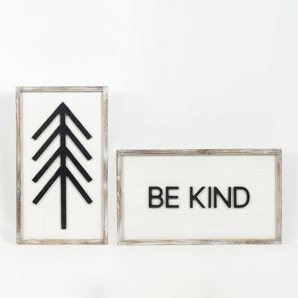 14" X 25" X 1.5" Reversible Wood Framed Sign (Tree/Be Kind) White/Black
