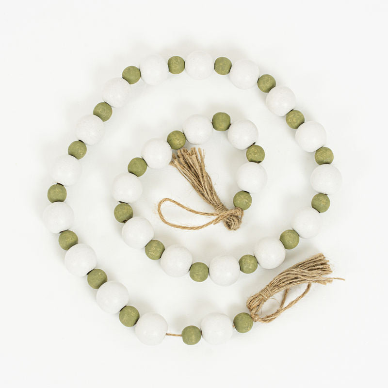 36" Wood Beaded Garland with Tassels, White/Olive Green