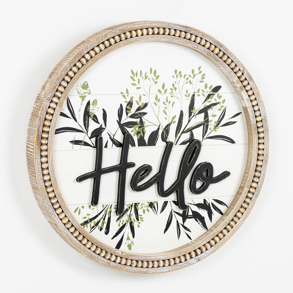 19" Round Beaded Wood Framed Sign - Hello | Natural and White