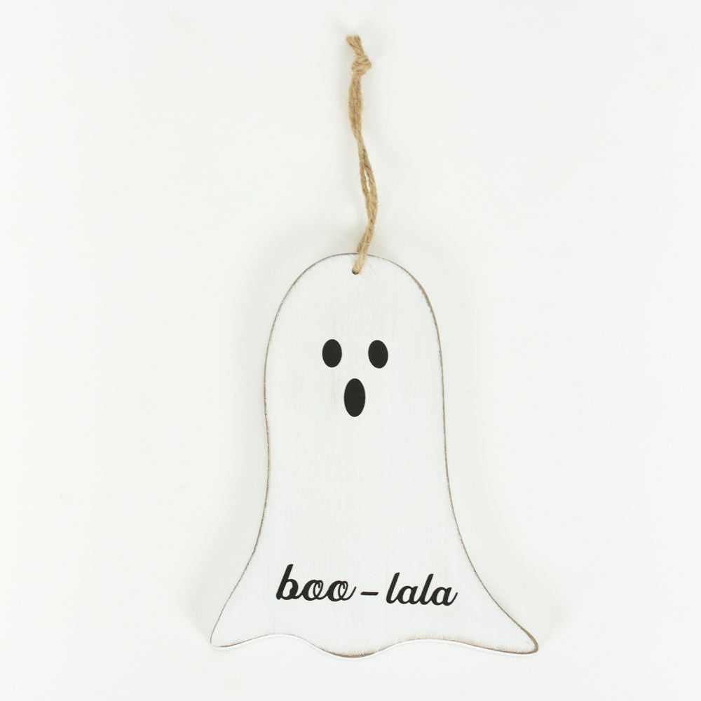 4.5" X 6" X 1" Wood Cutout Orn Ghost (Boo-LaLa) White/Black