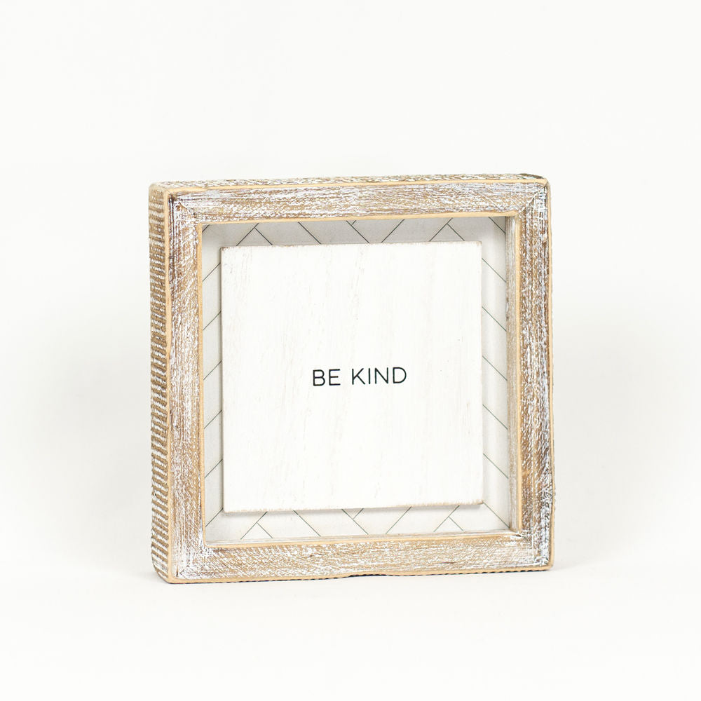 6" Reversible Wood Frame Sign - Kind/Random | White and Black | Herringbone Collection