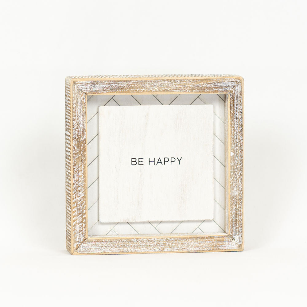 6" Reversible Wood Frame Sign - Happy/Stars | White and Black | Herringbone Collection