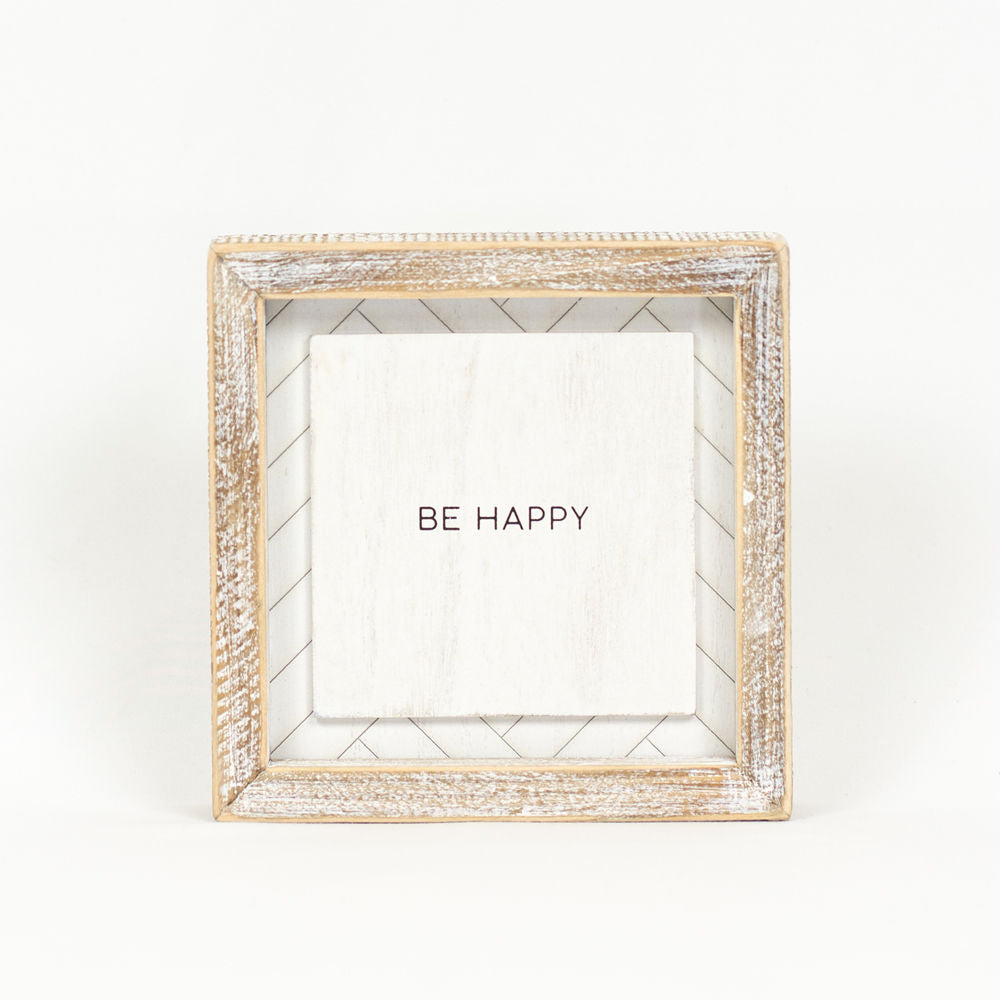 6" Reversible Wood Frame Sign - Happy/Stars | White and Black | Herringbone Collection
