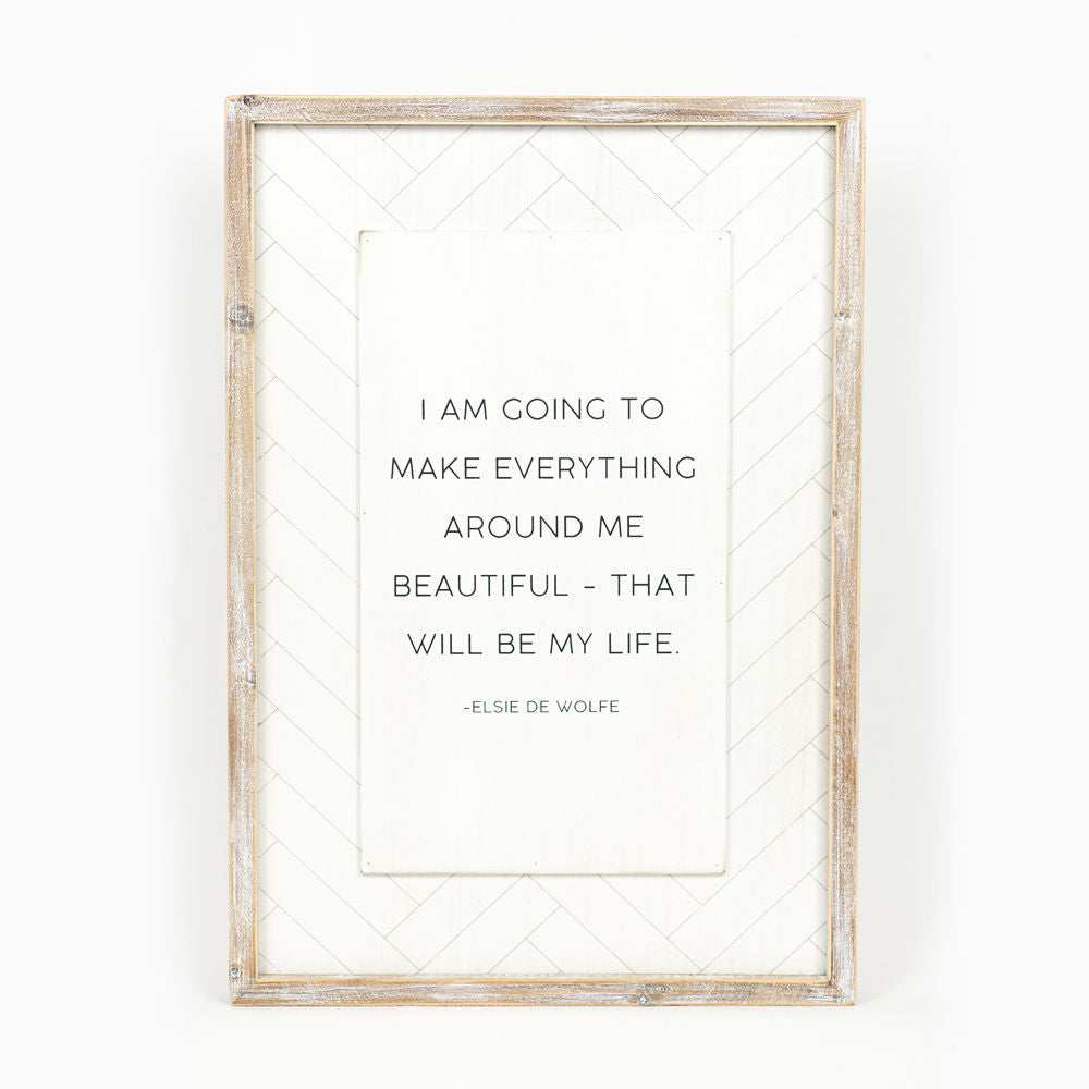 17" x 25" Reversible Wood Frame Sign - Beautiful/Life | White and Black | Herringbone Collection