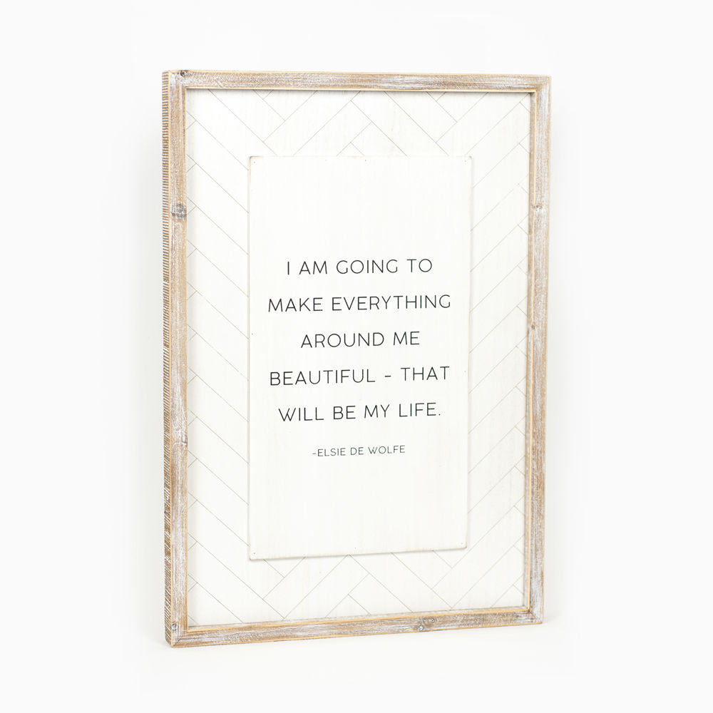 17" x 25" Reversible Wood Frame Sign - Beautiful/Life | White and Black | Herringbone Collection