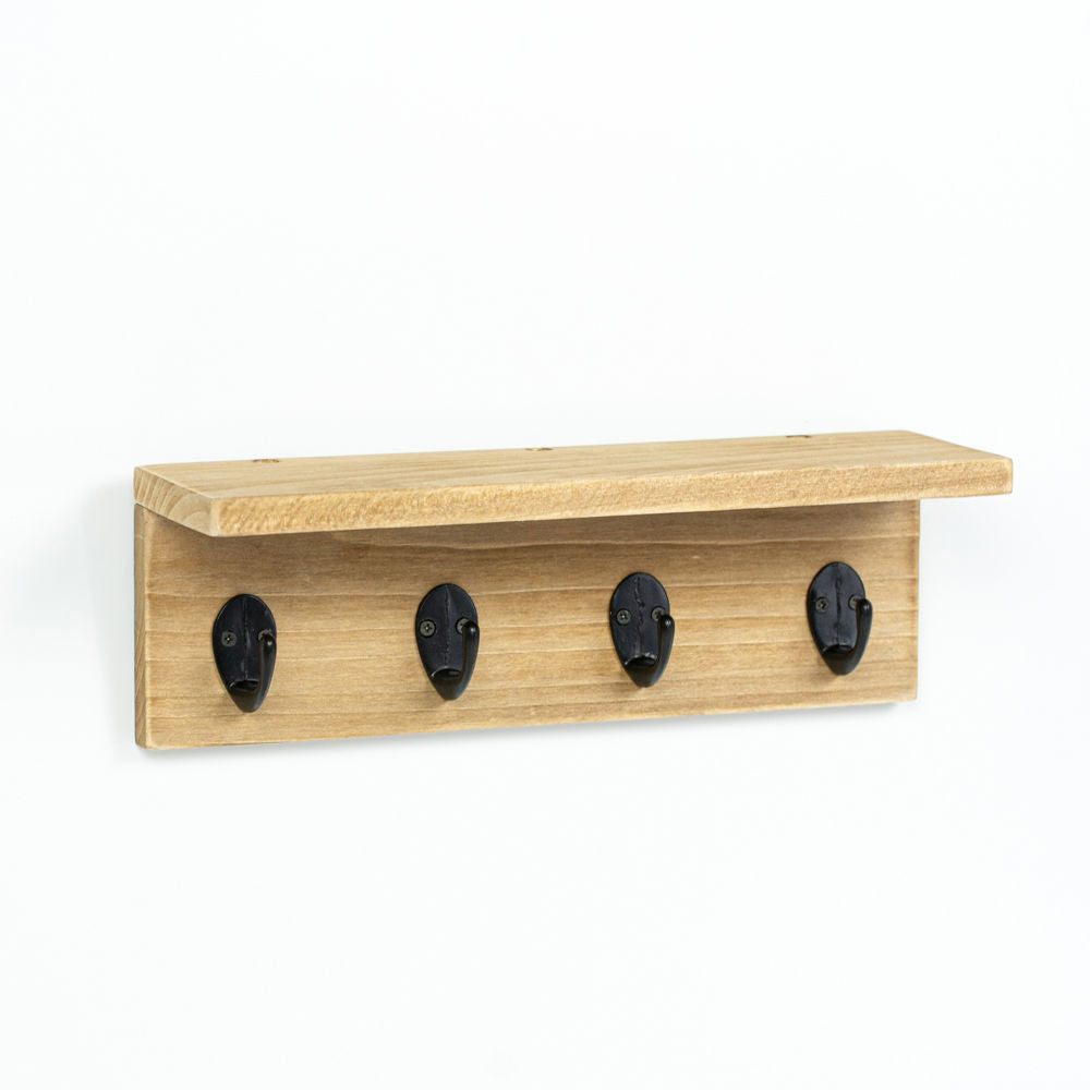 10" Wood Shelf with Ledge & 4 Hooks - Natural and Black