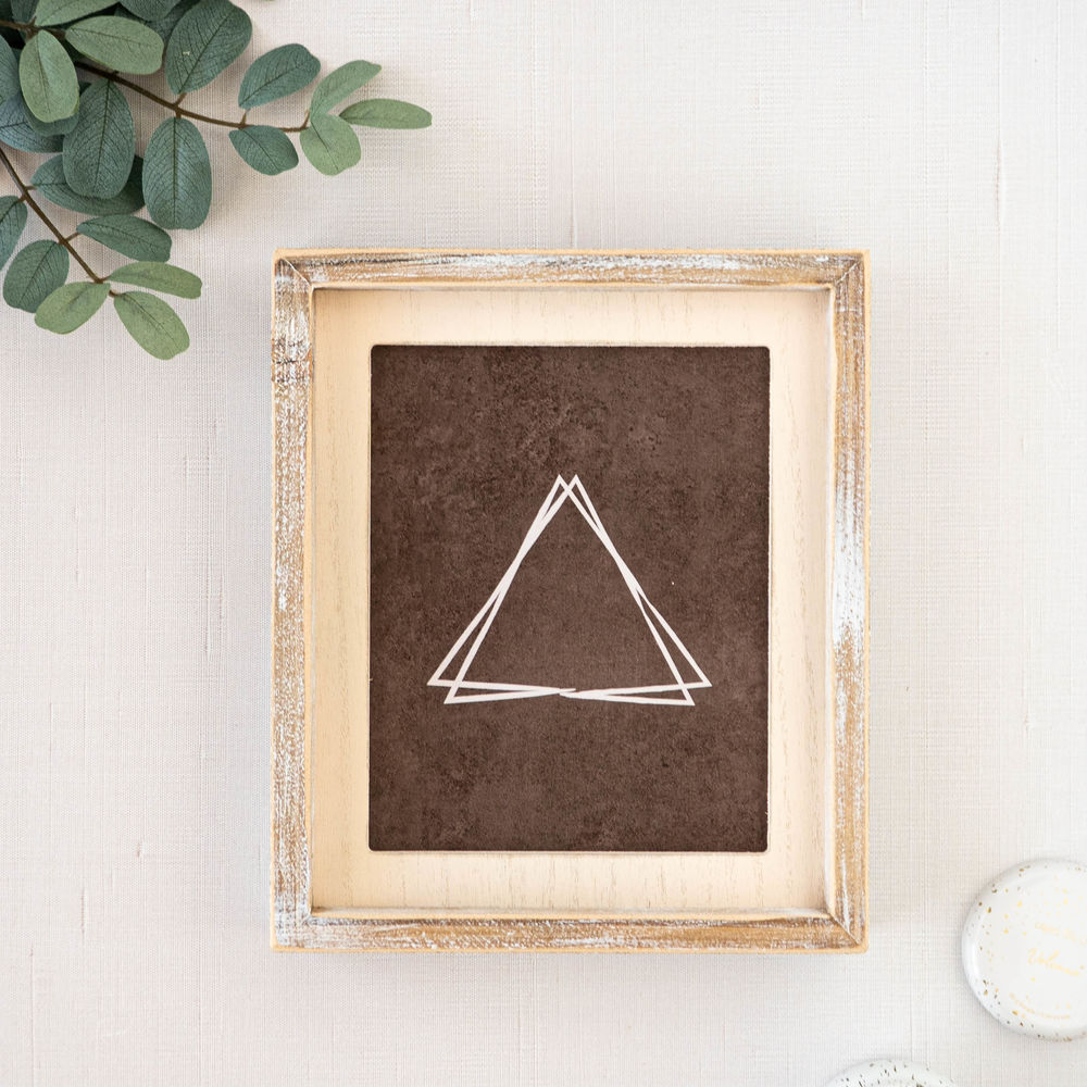 Bronze and copper triangular decorative tray shown from an alternate angle