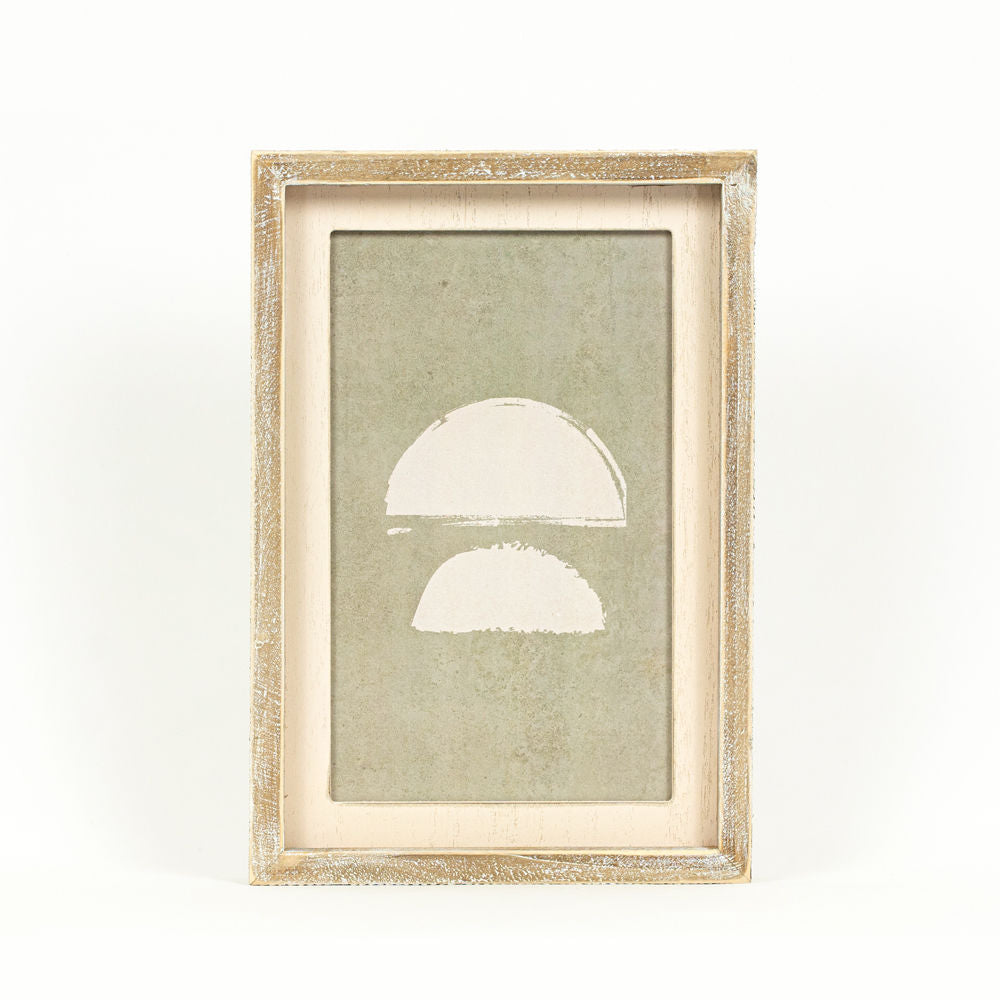 Wood framed sign featuring g half styled on a shelf or console table.