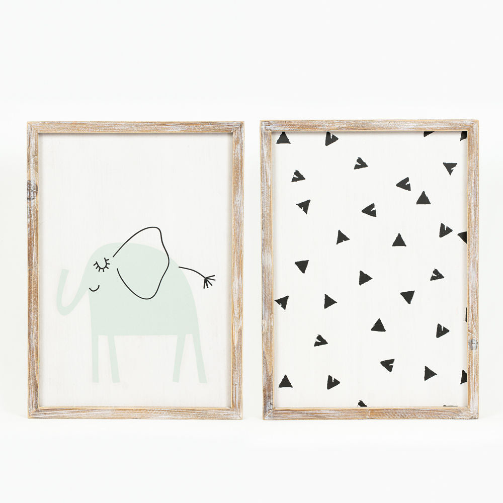15" x 20" Reversible Wood Frame Sign - Elephant | White, Black and Blue