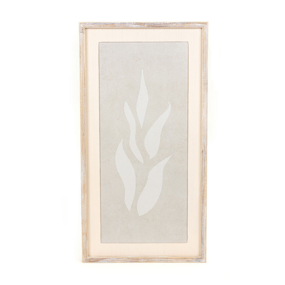 wood framed wall art featuring wheat displayed in a styled home interior.