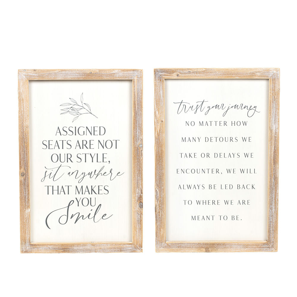 16" x 24" Reversible Wood Framed Sign - Assigned Seats and Journey | White and Grey