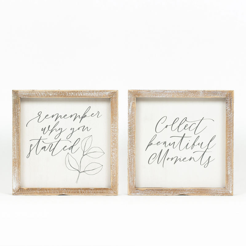 8" X 8" X 1.5" Reversible Wood Framed Sign (Moments/Started) White/Gray