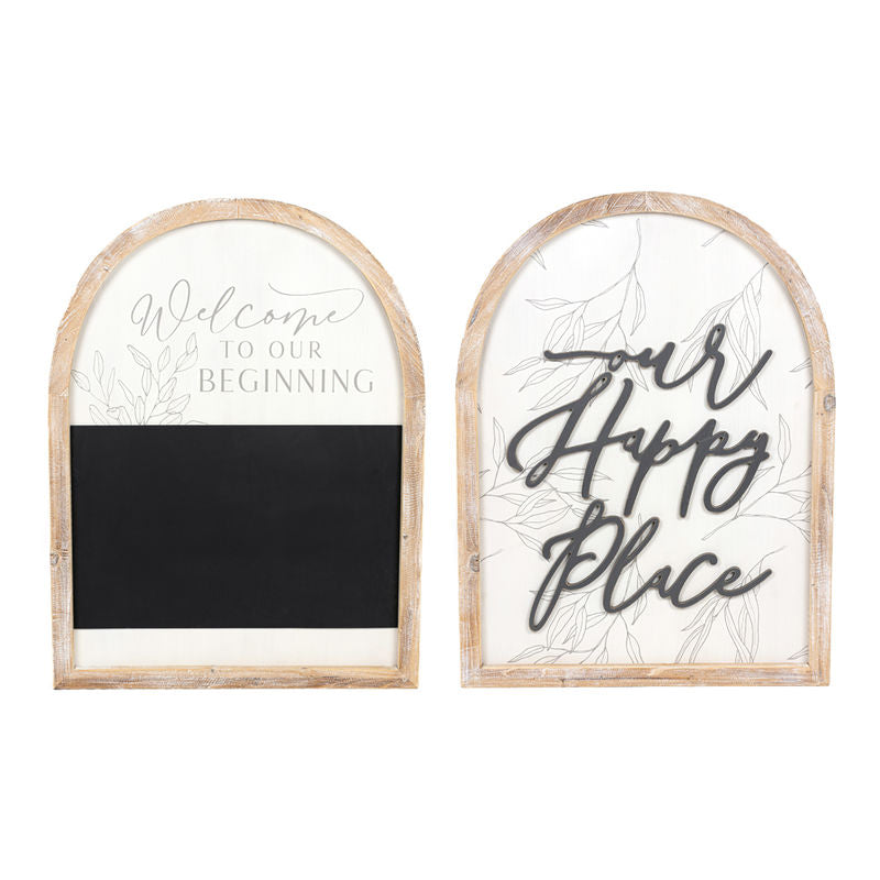 reversible wood framed wall art featuring welcome & happy displayed in a styled home interior.