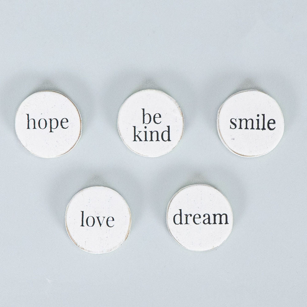 1" X 1" X .25" Round Wood Magnet Set Of 5 (Kind/Love/Dream/Smile/Hope) White/Black