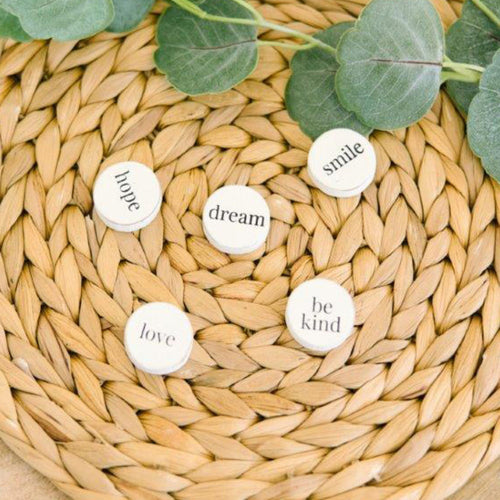 Round Wood Magnets - Inspirational Set | Black and White (Set of 5) displayed as a decorative home accent.