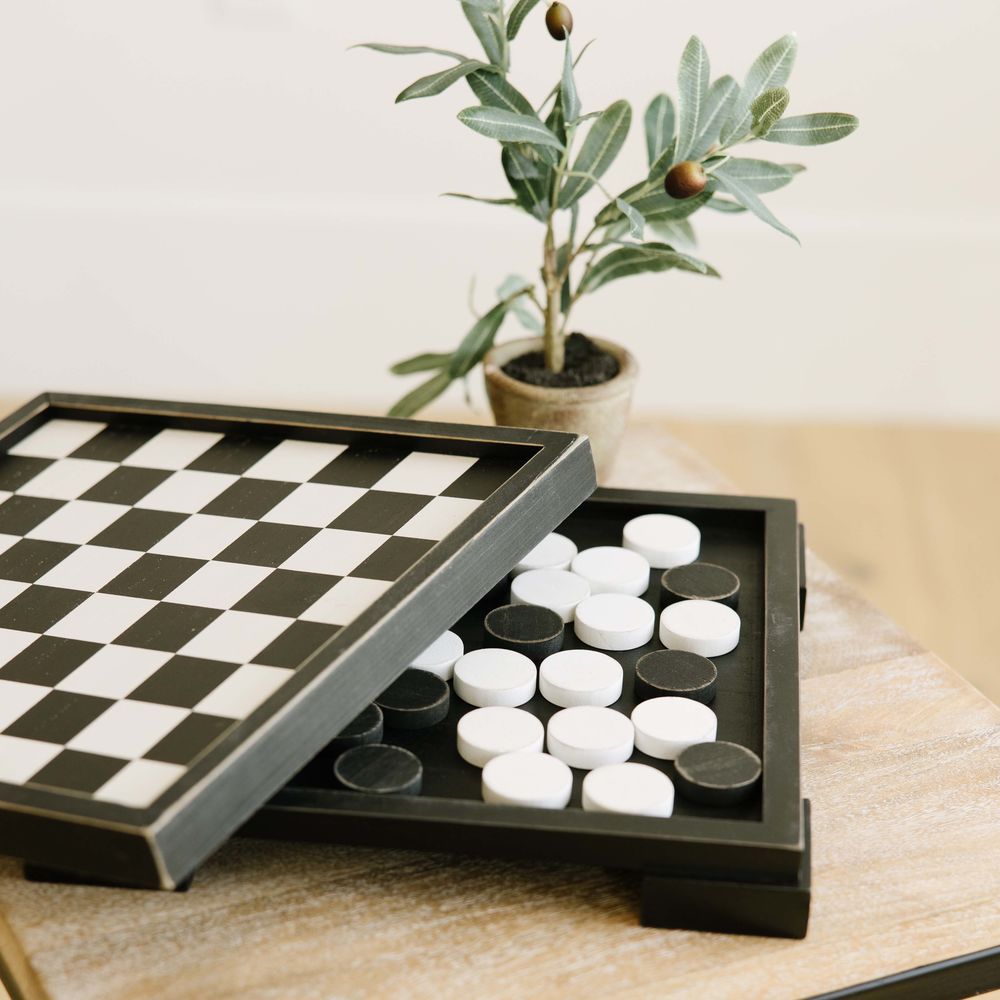 13" Wood Checkers Game Set | Black and White