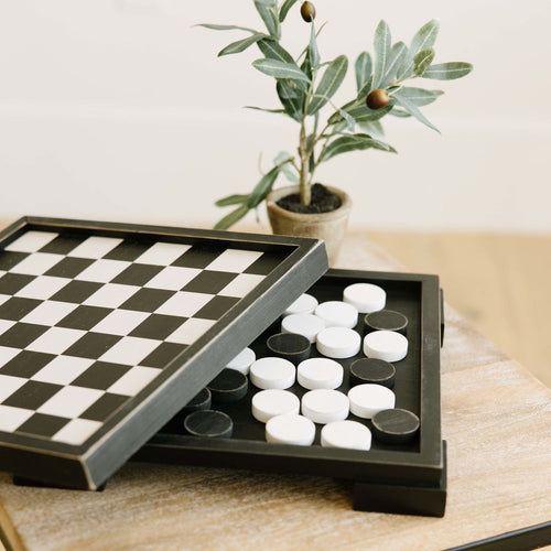 13" Wood Checkers Game Set | Black and White
