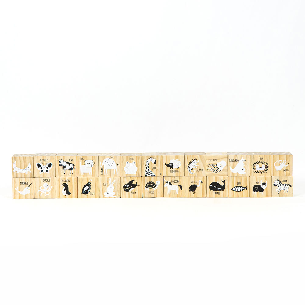 Set of 26 multicolor wood alphabet blocks.