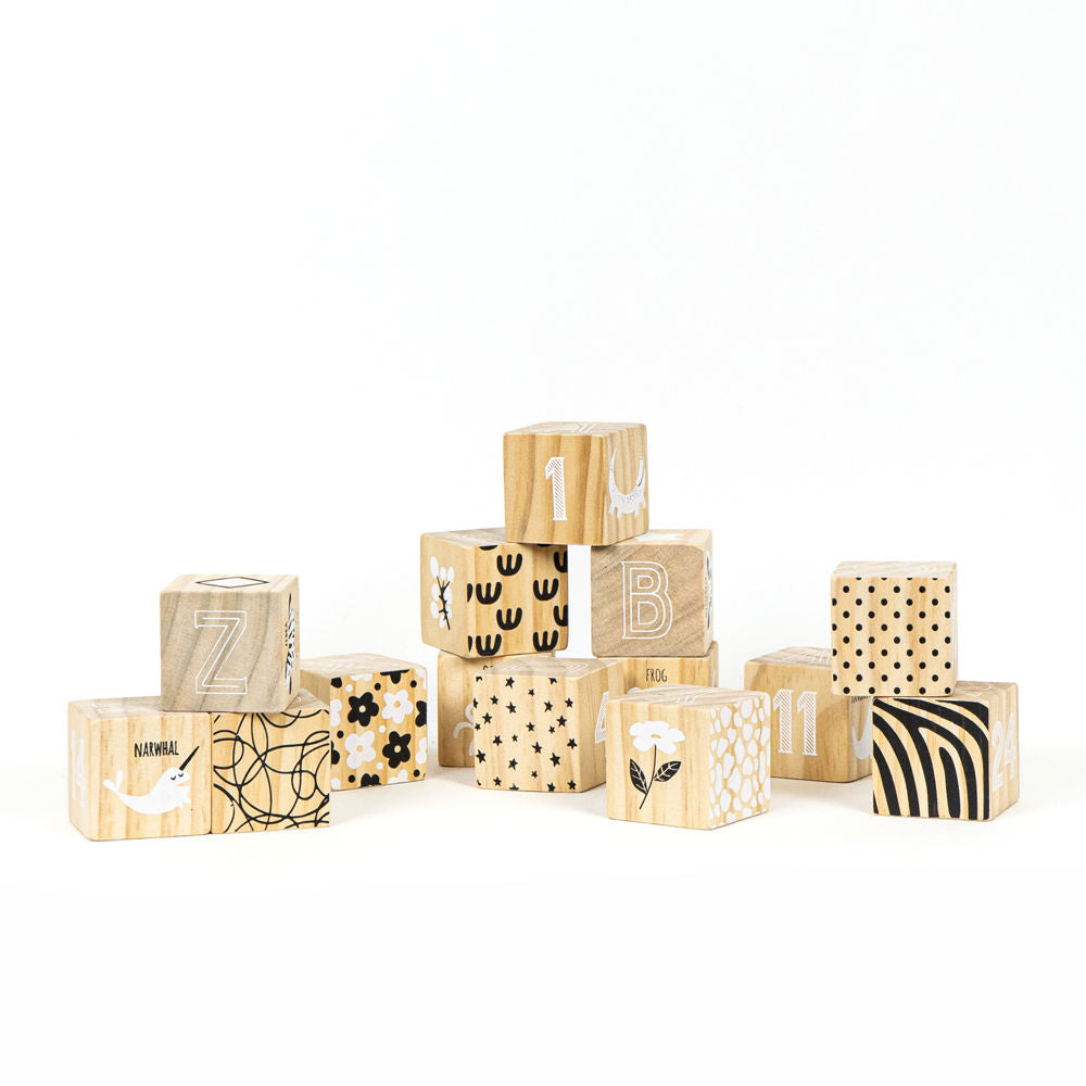 Set of 26 multicolor wood alphabet blocks.