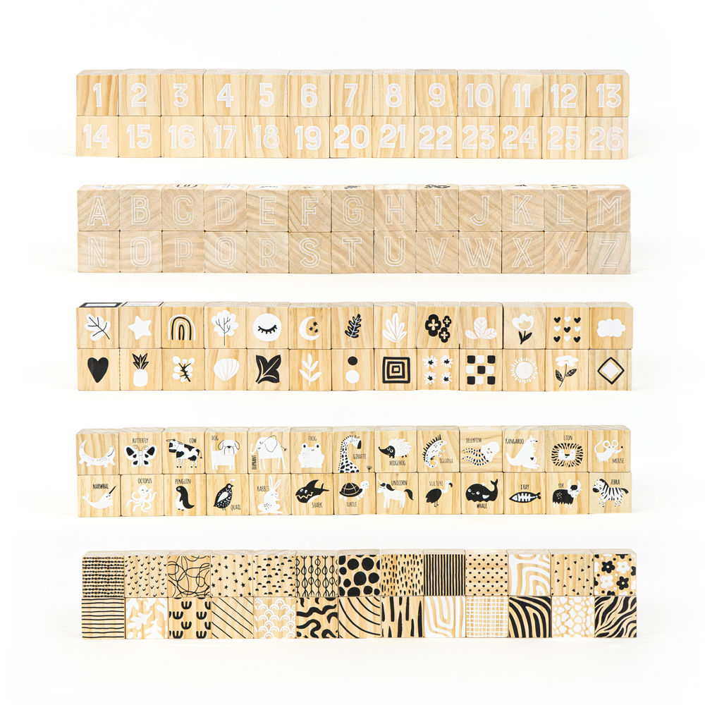 Set of 26 multicolor wood alphabet blocks.