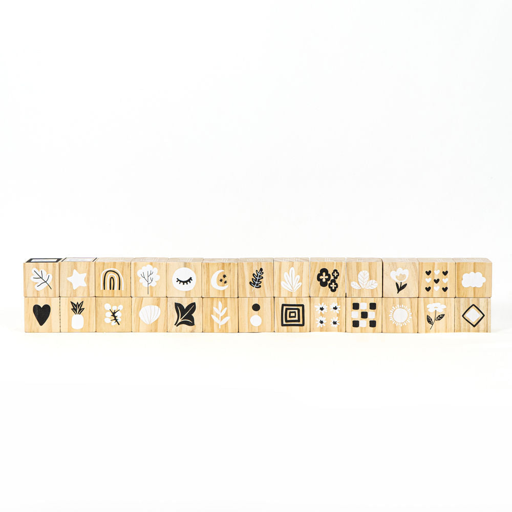 Set of 26 multicolor wood alphabet blocks.