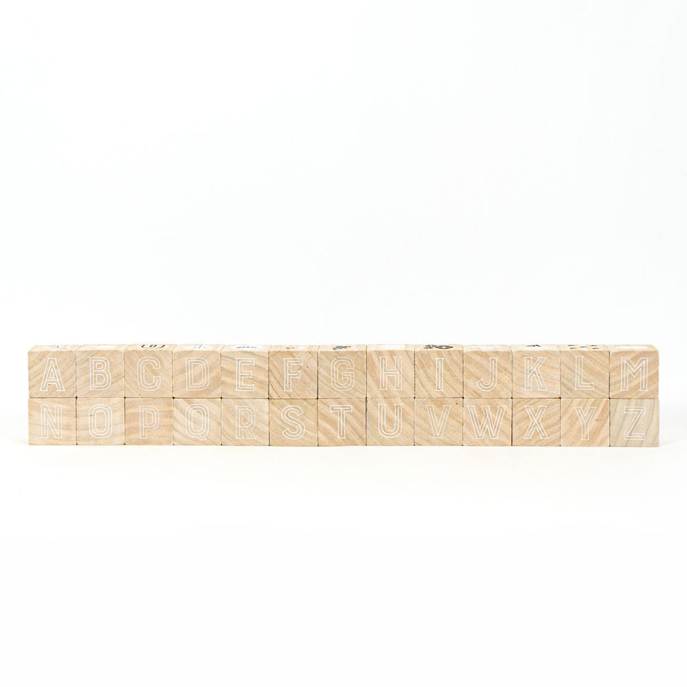 Set of 26 multicolor wood alphabet blocks.