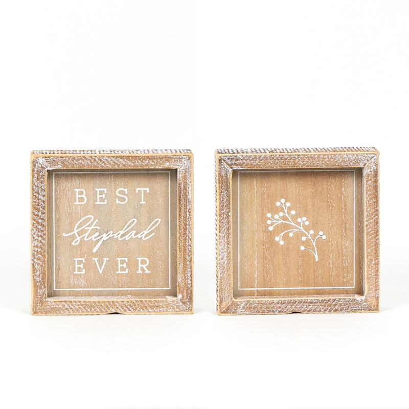6" X 6" X 1.5" Reversible Wood Framed Sign (Stepdad) Natural/White