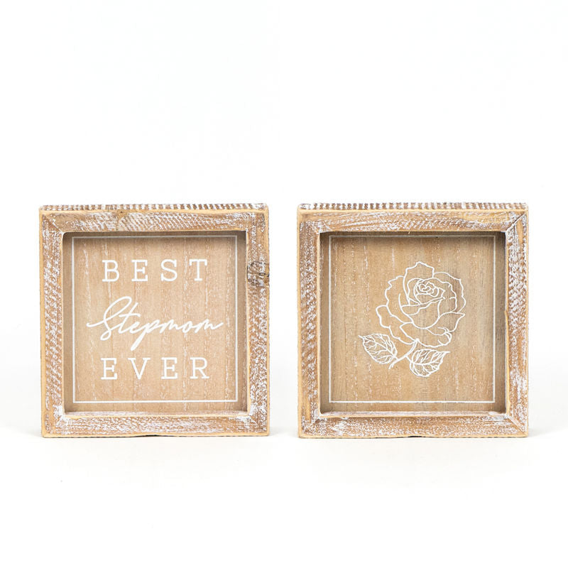 6" X 6" X 1.5" Reversible Wood Framed Sign (Stepmom) Natural/White