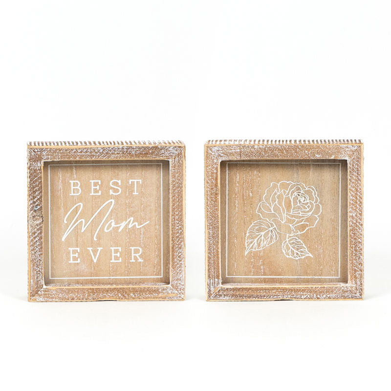 6" X 6" X 1.5" Reversible Wood Framed Sign (Mom) Natural/White