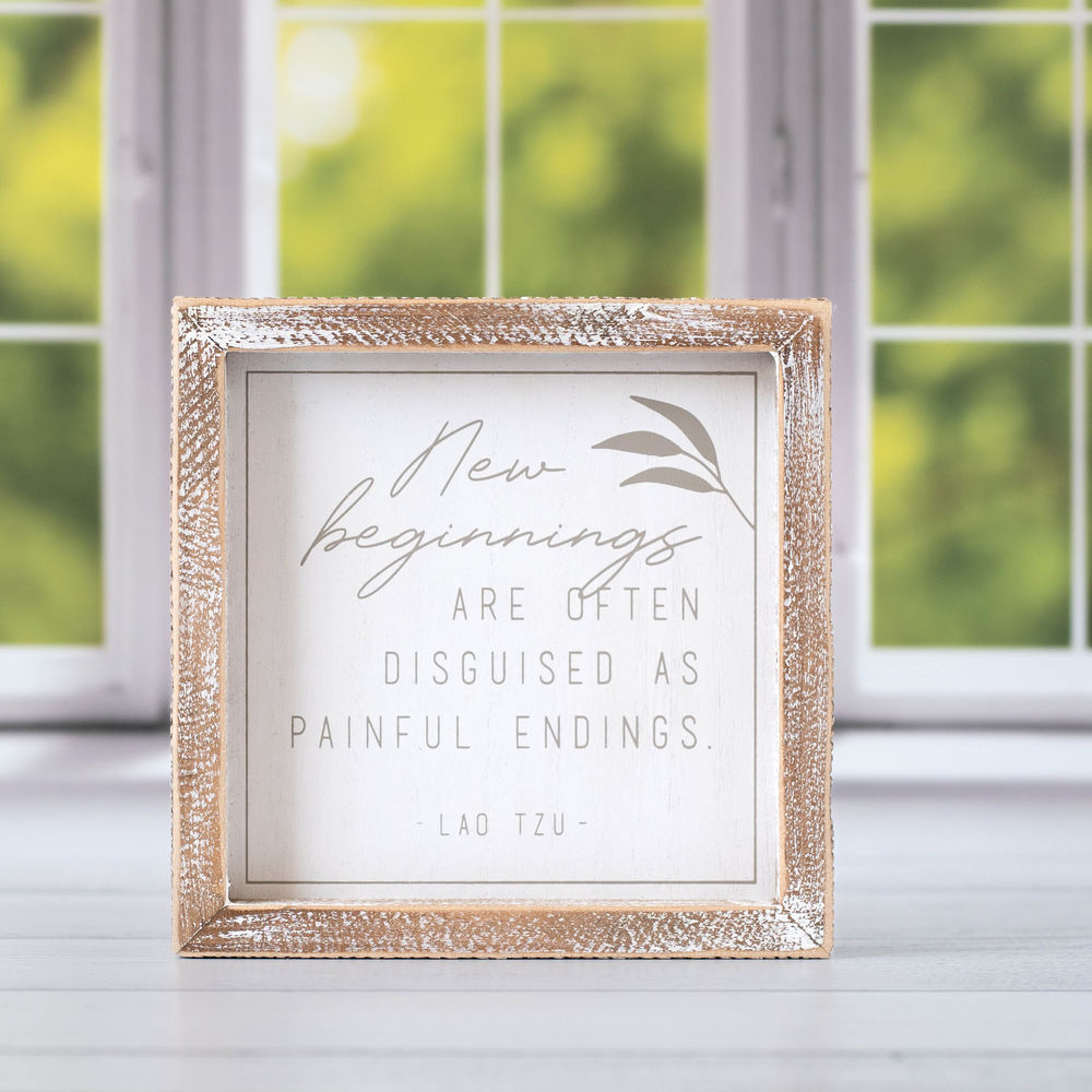 7" Wood Framed Sign - New Beginnings | White and Grey