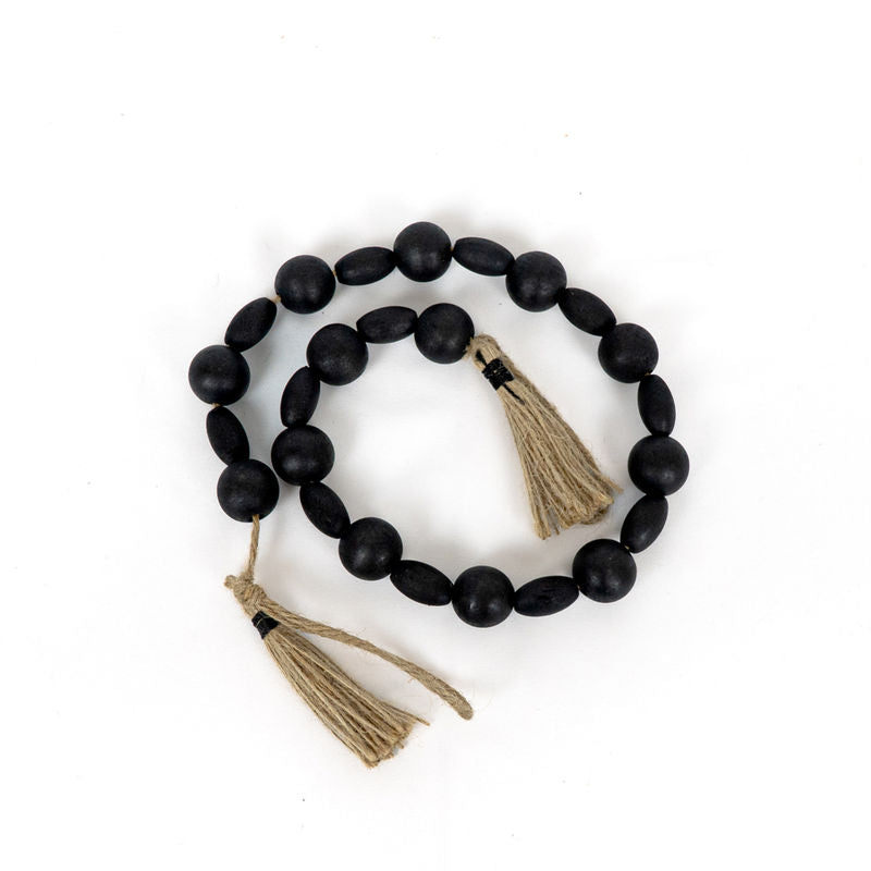25.25" X 1" X 1" Wood Bead Garland With Tassels, Black/Brown
