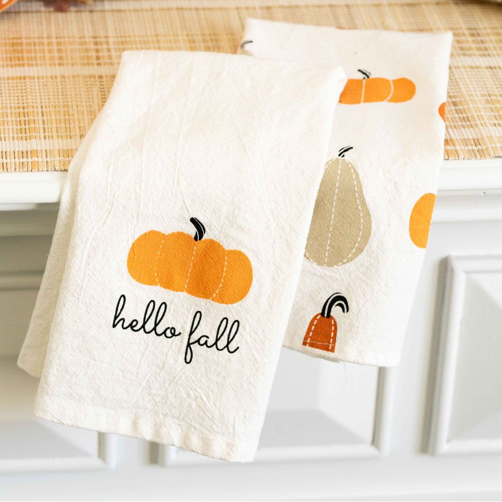 15" x 24" Tea Towel Set - Hello Fall and Pumpkins (Set of 2)
