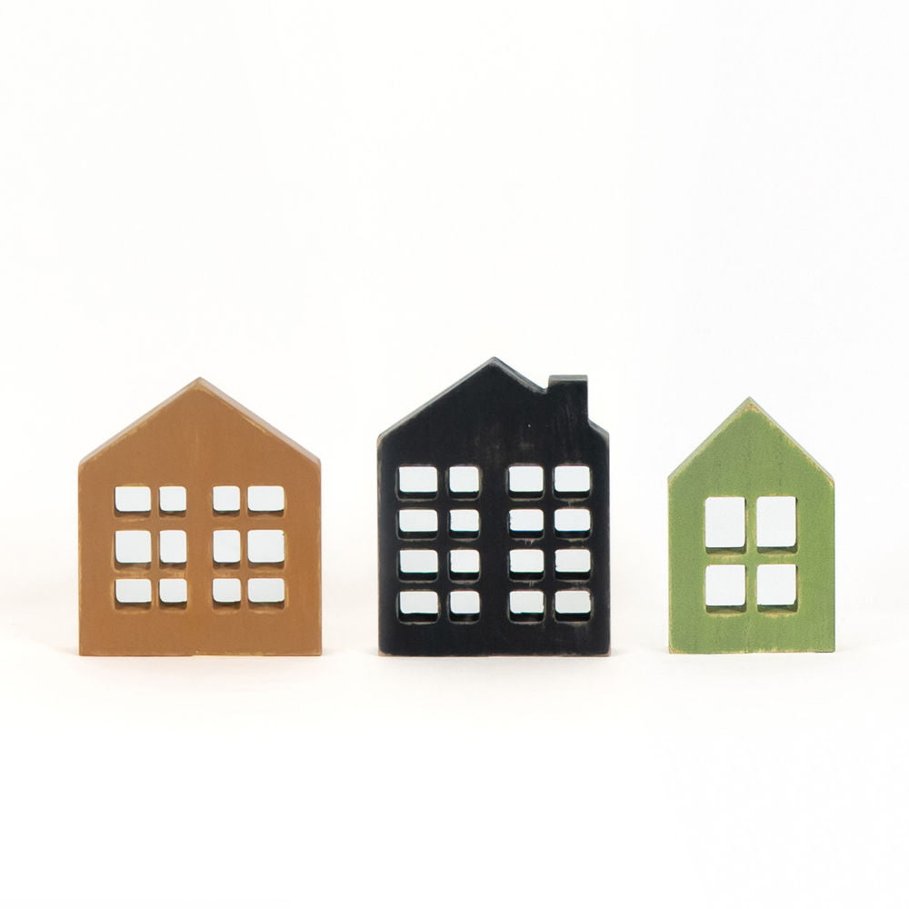 5.5" Wood Cutout House Set - Black, Green and Brown (Set of 3)