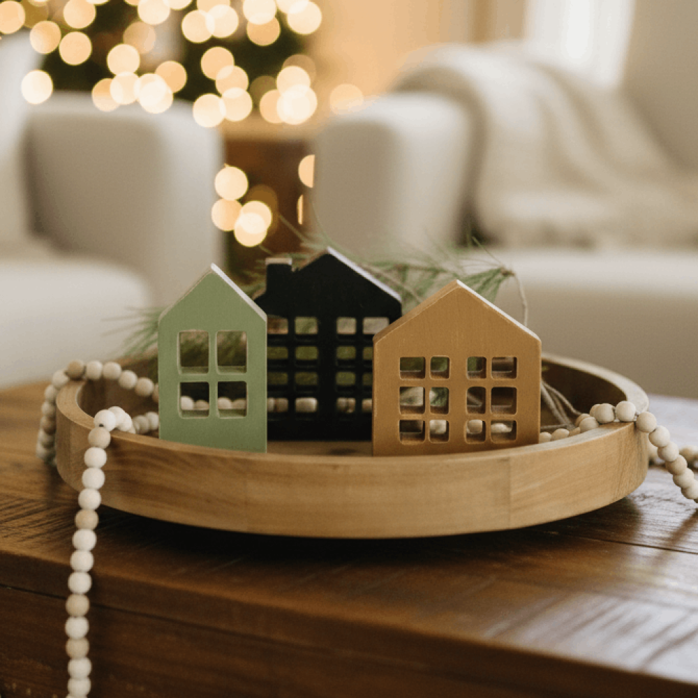5.5" Wood Cutout House Set - Black, Green and Brown (Set of 3)