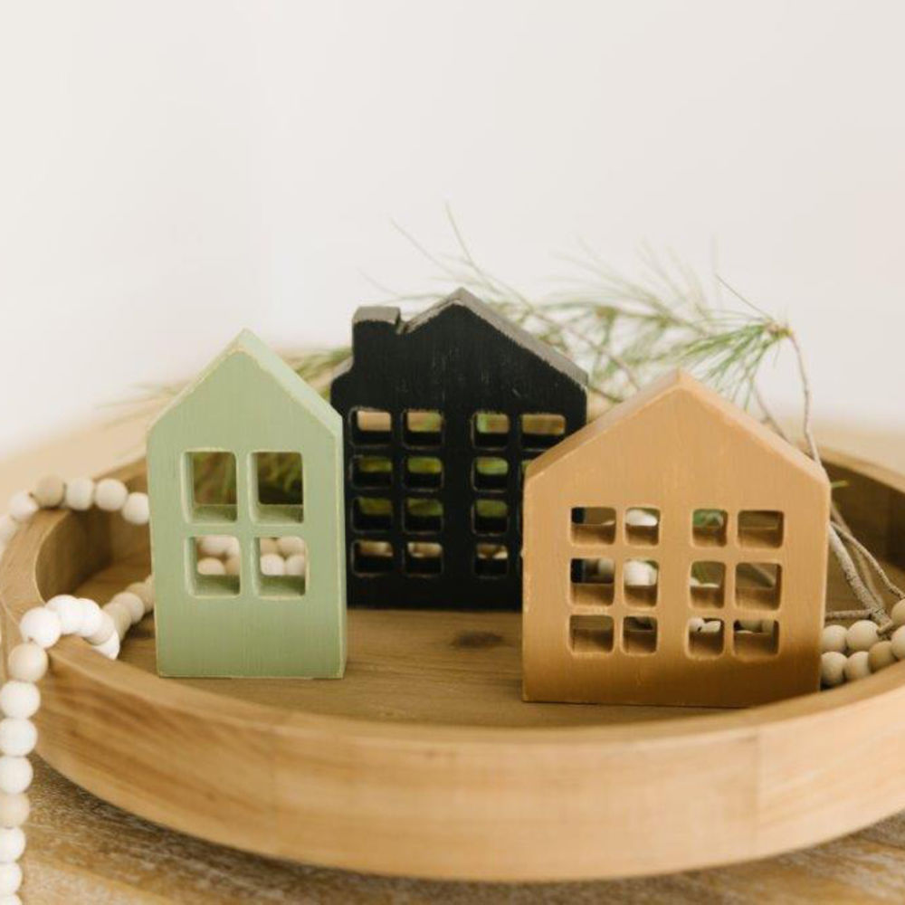 5.5" Wood Cutout House Set - Black, Green and Brown (Set of 3)