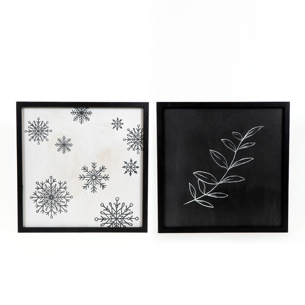 20" Reversible Wood Frame Sign - Snowflake/Stem | White, Black and Green