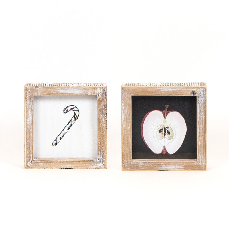 5" X 5" X 1.5" Reversible Wood Framed Sign (Candy Cane/Apple) White/Black/Red