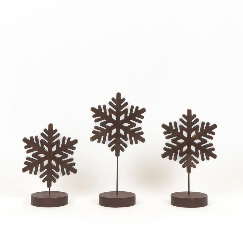 6" X 9", 6" X 10.25", 6" X 12.25" X 4" Wood Cutout On Stand Set of Three (Snowflakes) Brown